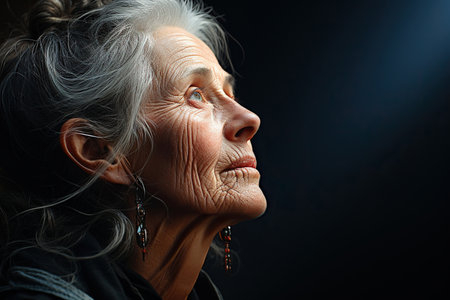 Closeup of old woman posing in front of a solid dark wallの素材
