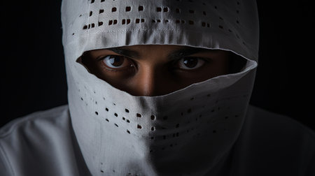 A portrait of a person wearing a mask, with only their eyes visibleの素材
