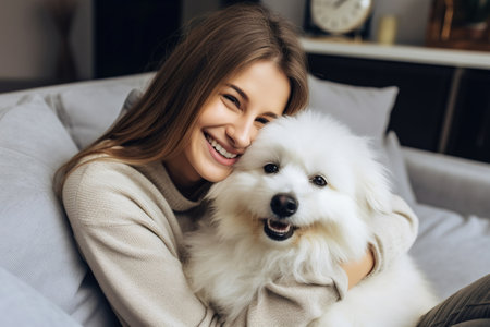 cheerful woman hugging her beloved pet dog at homeの素材