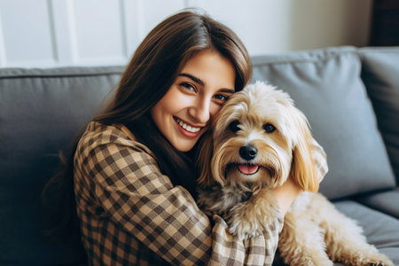 cheerful woman hugging her beloved pet dog at homeの素材