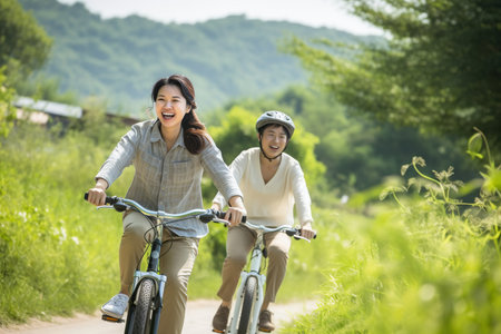 Happy matured couple riding bike at countryside roadの素材