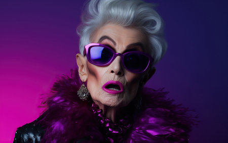 An old woman as a supermodel with much makeup in futuristic fashion clothes on purple background.の素材