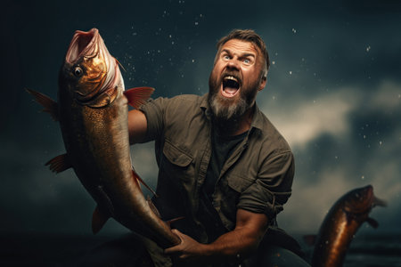Proud bearded fisherman having glad expression catching big fish having successful day.の素材