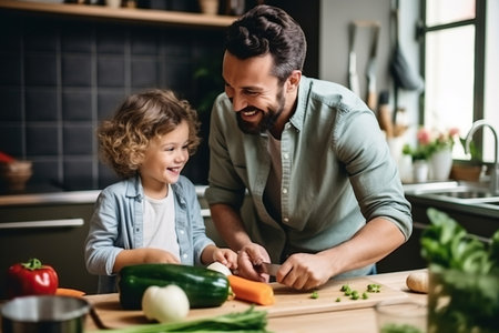 Cheerful dad and kid having fun while cooking togetherの素材
