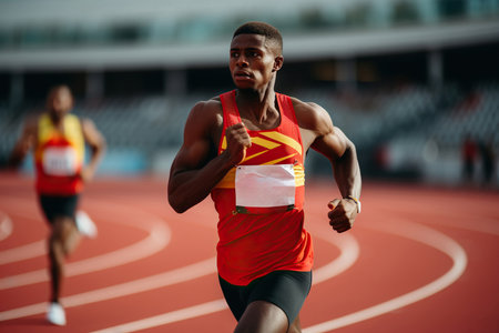 Black young athlete running in the Olympic games competitionの素材
