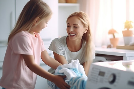 Happy family mother housewife and child in laundry with washing machineの素材