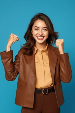Pretty young girl raise fist celebrate hold gadget dressed stylish brown outfit isolated on blue color backgroundの素材