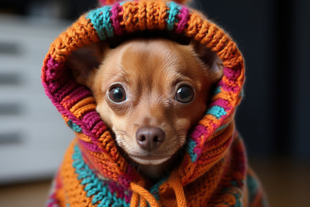 A dog wearing a colorful winter sweaterの素材