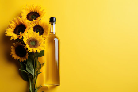 A bottle of sunflower oil and sunflower on yellow background.の素材