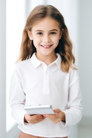 A smiling girl is writing on a tablet.の素材