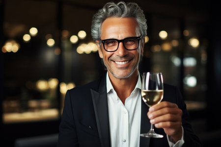 Handsome mature man holding glass of champagne and smiling.の素材