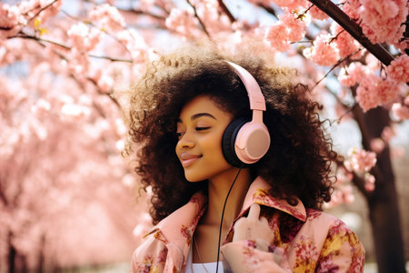 Adorable lovely African American girl wear trendy clothes listen music walk alone in park spring weather weekend travel outdoorsの素材