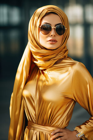 Arabic Woman in golden dress on the streetの素材