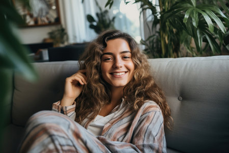 Happy woman relaxing on the sofa at home - Smiling girl taking selfie picture with smartphone lying on the couchの素材