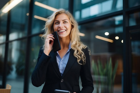 A handsome businesswoman in a suit talking on the phoneの素材