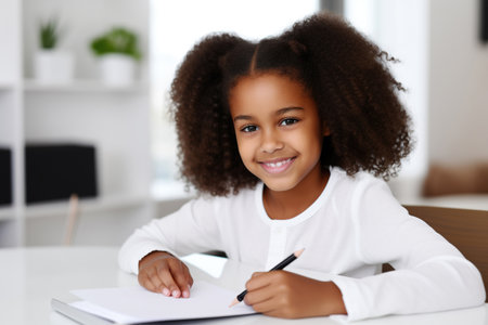 A smiling African American girl is writing on a tablet.の素材