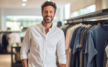 A man in a shopping mall in his 40s, with several shopping bags in hand.の素材