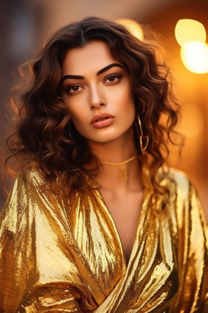 Arabic Woman in golden dress on the streetの素材