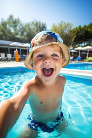 Happy little boy taking selfie in an outdoor swimming poolの素材