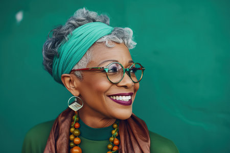 60 year old fashionable hipster African American woman portrait on green backgroundの素材