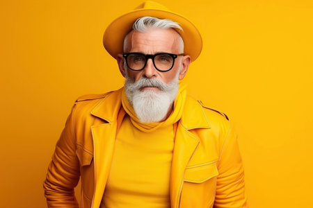 60 year old fashionable hipster man portrait on bright yellow backgroundの素材