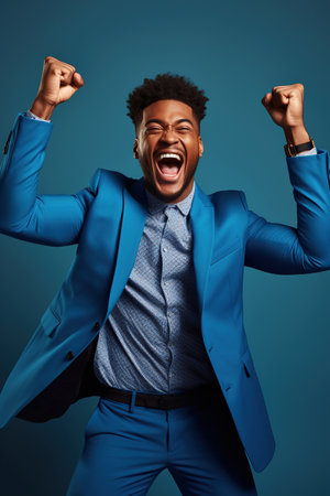 Cheerful African American man dressed stylish clothes celebrate success raise hands fists isolated on dark blue color backgroundの素材