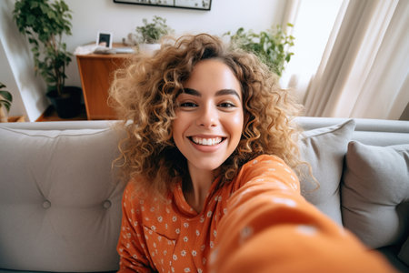 Happy woman relaxing on the sofa at home - Smiling girl taking selfie picture with smartphone lying on the couchの素材