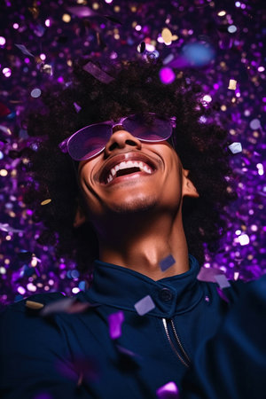African American lady in 80s style clothes in sun glasses on nightclub with confetti isolated purple color backgroundの素材