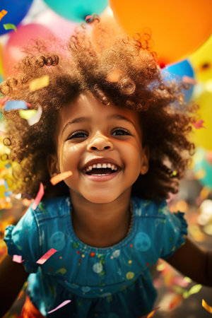 happy and smiling African American child girl celebrates his birthday, vivid and vibrant colorsの素材