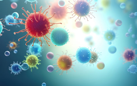Abstract bacteria, probiotics, gram positive bacteria bacteria and viruses of various shapes against a light background.の素材