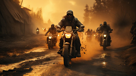 group of motorcycle riders riding togetherの素材