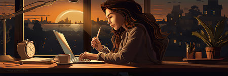 Working late in a home office: A young businesswoman planning a projectの素材