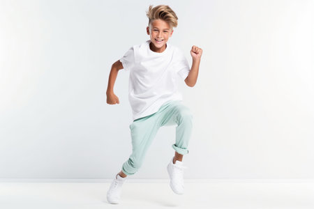 Pretty school boy in sports clothing doing some fun dance movesの素材