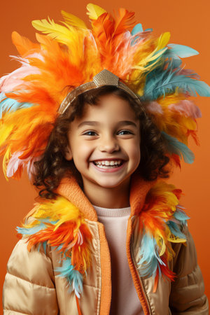 Child in carnival costume on color yellow backgroundの素材