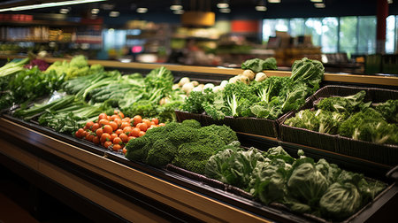 wide angle view of supermarket store interior with fresh fruits and vegetables on display,の素材