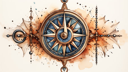 Watercolor compass clip art, white isolated background, space outの素材