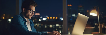 Nighttime productivity: Young businessman typing on laptop in home officeの素材
