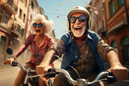 Old Couple riding bicycles outside of the city and wearing helmets and sunglassesの素材