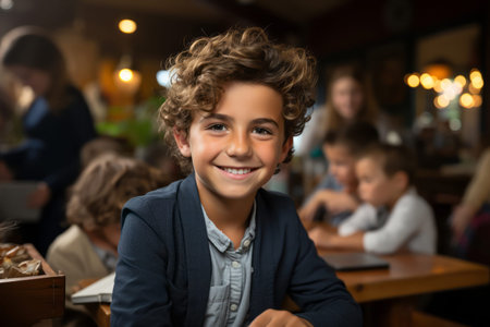 Boy smiling at the camera while sitting in a classroomの素材