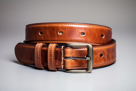 brown leather belt with metal buckle on gray backgroundの素材