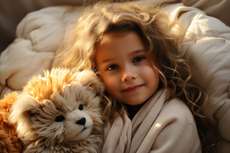 Little girl hugging with his toy laying in a bedの素材