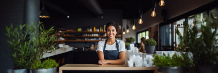 Successful small business owner smiling happilyの素材
