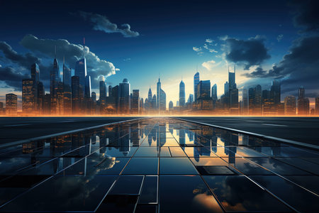 the skyline of a modern, office tower with a blue sky, in the style of cryptidcore, abstracted cityscapesの素材