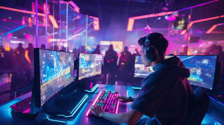 Teenage gamers plays on E-sports tournament event in neon lightの素材