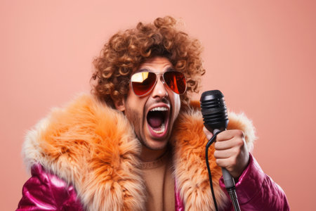 Funny funky wild vocalist screaming in microphone wearing fur coat gloves suspenders isolated on bright backgroundの素材