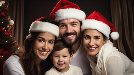 Family wearing sweatshirt with santa hatの素材