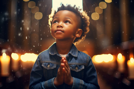 Cute small African American boy praying in the church and Jesus giving blessingの素材