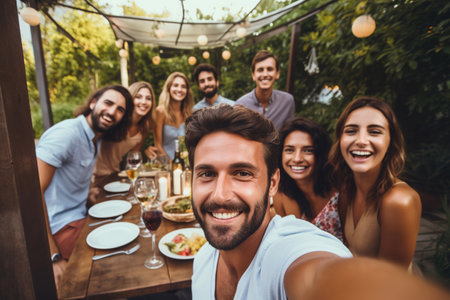 Man with friends taking selfie with his smart phoneの素材
