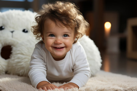 A baby crawling on a carpet in a predominantly white - themed room.の素材