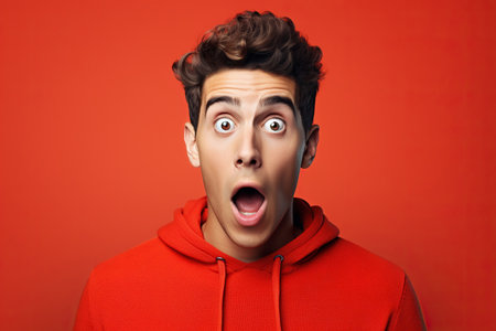 young man expressing surprise and shock emotion with his mouth open and wide open eyes. isolated on red backgroundの素材
